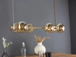 LED Pendelleuchte 6-flammig Messing & Amberglas Kugeln, Breite 80cm