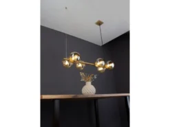LED Pendelleuchte 6-flammig Messing & Amberglas Kugeln, Breite 80cm