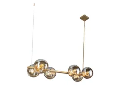 LED Pendelleuchte 6-flammig Messing & Amberglas Kugeln, Breite 80cm
