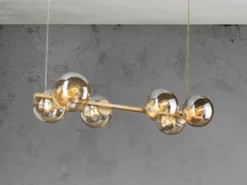 LED Pendelleuchte 6-flammig Messing & Amberglas Kugeln, Breite 80cm