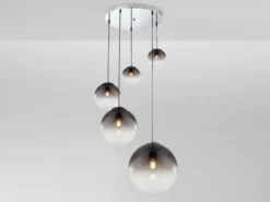 LED Pendelleuchte 5-flammig mit Glaskugeln aus Rauchglas, Ø 65cm