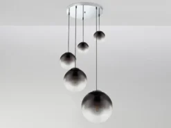 LED Pendelleuchte 5-flammig mit Glaskugeln aus Rauchglas, Ø 65cm