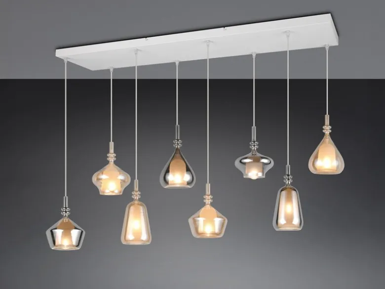 LED Pendelleuchte 8-flammig mit Glas in Bernstein & Chrom verspiegelt, B:125cm