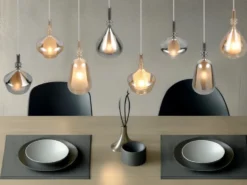 LED Pendelleuchte 8-flammig mit Glas in Bernstein & Chrom verspiegelt, B:125cm