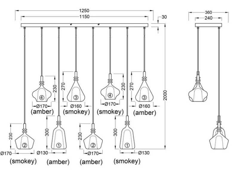 LED Pendelleuchte 8-flammig mit Glas in Bernstein & Chrom verspiegelt, B:125cm