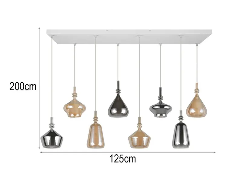 LED Pendelleuchte 8-flammig mit Glas in Bernstein & Chrom verspiegelt, B:125cm