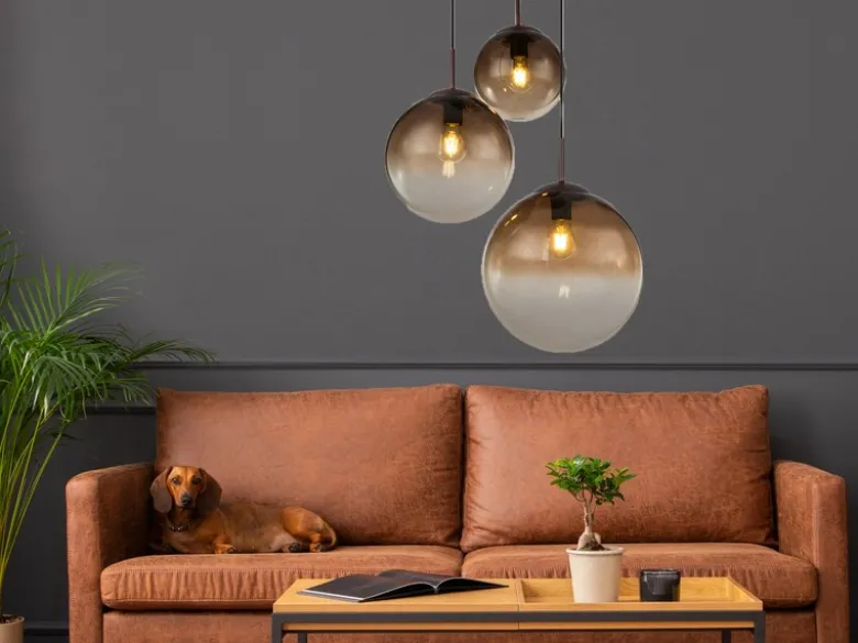 LED Pendelleuchte 3-flammig mit Glaskugeln aus Amberglas, Ø 51cm