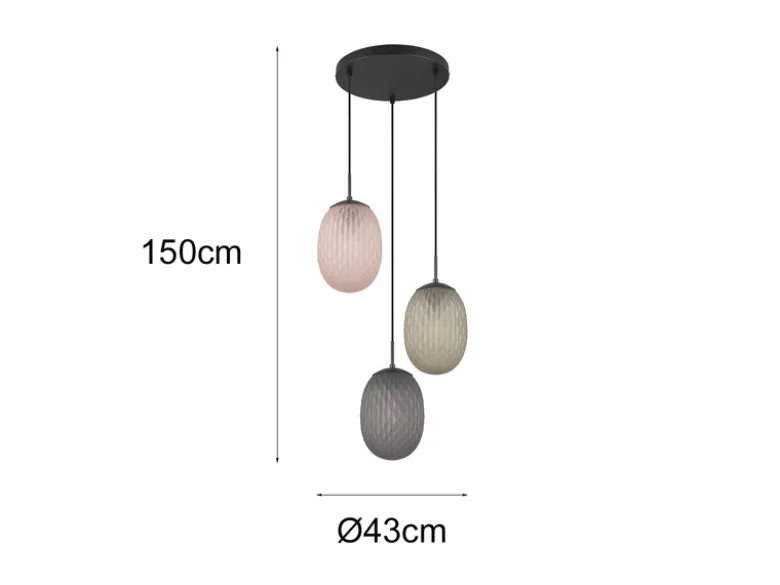 LED Pendelleuchte 3-flammig mit farbigen ovalen Glasschirmen, Ø 43cm