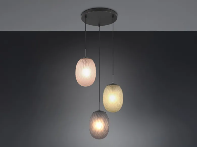 LED Pendelleuchte 3-flammig mit farbigen ovalen Glasschirmen, Ø 43cm