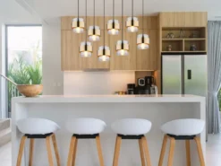 LED Pendelleuchte 8-flammig mit Rauchglas und Messing, Breite 103cm
