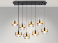 LED Pendelleuchte 8-flammig mit Rauchglas und Messing, Breite 103cm