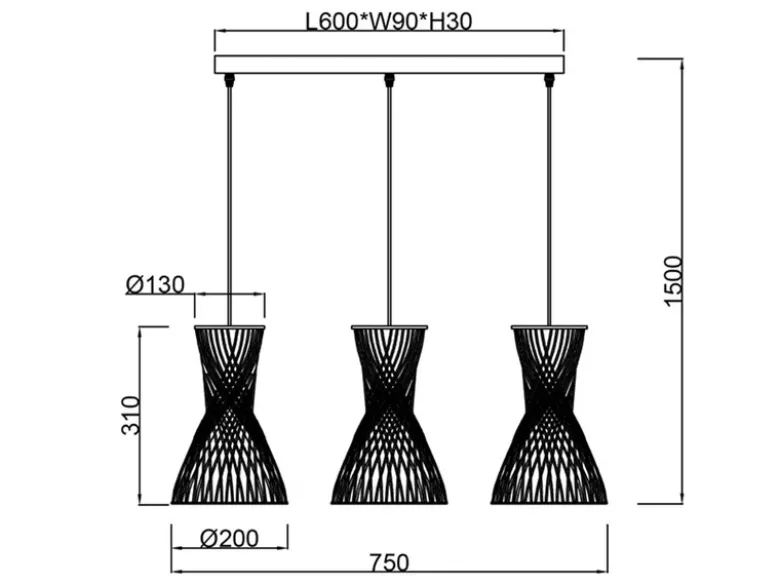 LED Pendelleuchte 3-flammig mit Lampenschirmen aus Papiergarn, Breite 75cm