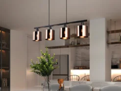 LED Pendelleuchte 4-flammig mit Lampenschirmen Bronzefarbig, Breite 75cm