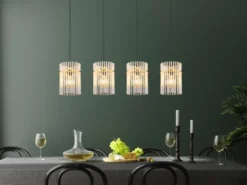 LED Pendelleuchte 4-flammig mit transparenten Echtglas Stäben, B 110cm