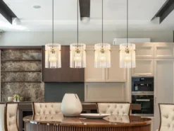 LED Pendelleuchte 4-flammig mit transparenten Echtglas Stäben, B 110cm