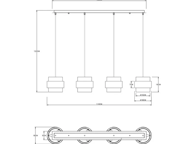 LED Pendelleuchte 4-flammig mit Rauchglas und Messing lang, Breite 111cm