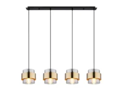 LED Pendelleuchte 4-flammig mit Rauchglas und Messing lang, Breite 111cm