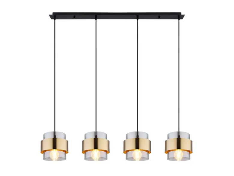 LED Pendelleuchte 4-flammig mit Rauchglas und Messing lang, Breite 111cm