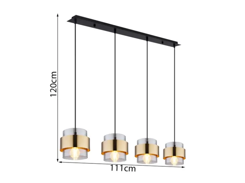 LED Pendelleuchte 4-flammig mit Rauchglas und Messing lang, Breite 111cm