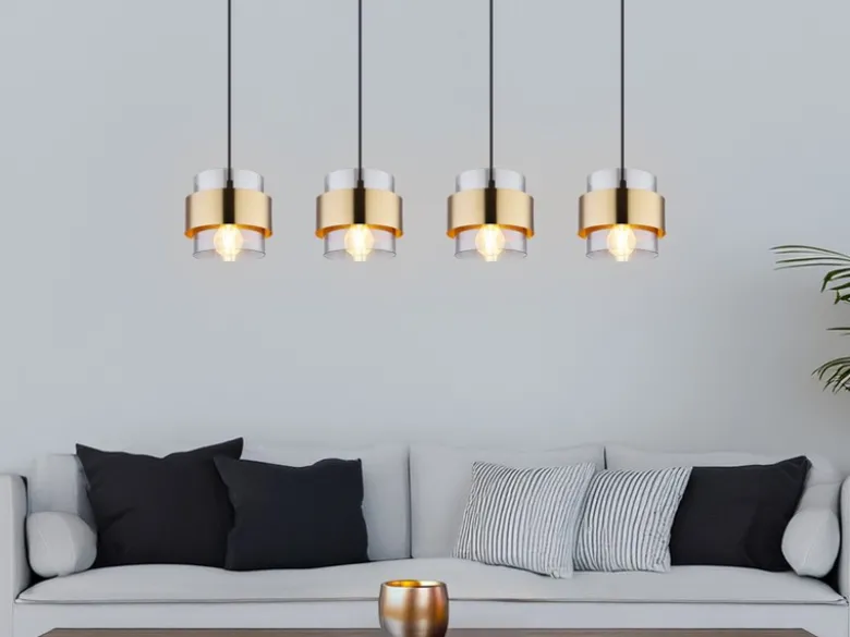 LED Pendelleuchte 4-flammig mit Rauchglas und Messing lang, Breite 111cm