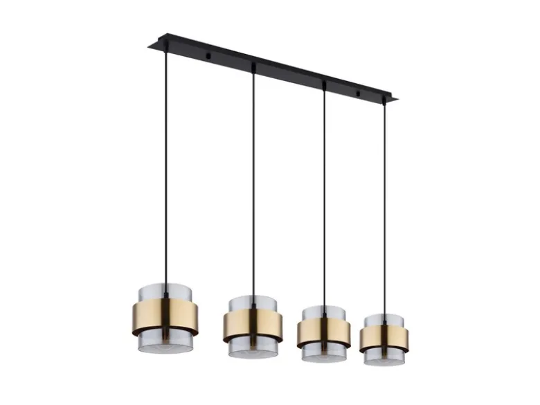 LED Pendelleuchte 4-flammig mit Rauchglas und Messing lang, Breite 111cm