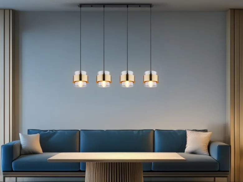 LED Pendelleuchte 4-flammig mit Rauchglas und Messing lang, Breite 111cm
