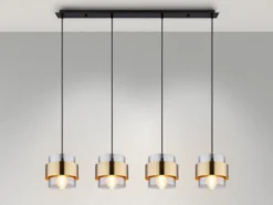LED Pendelleuchte 4-flammig mit Rauchglas und Messing lang, Breite 111cm