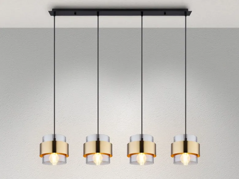 LED Pendelleuchte 4-flammig mit Rauchglas und Messing lang, Breite 111cm