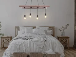 LED Pendelleuchte 4-flammig mit Leiter Holzbalken 192cm lang, Breite 115cm