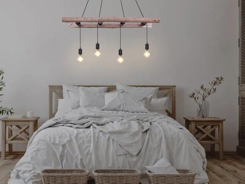 LED Pendelleuchte 4-flammig mit Leiter Holzbalken 192cm lang, Breite 115cm