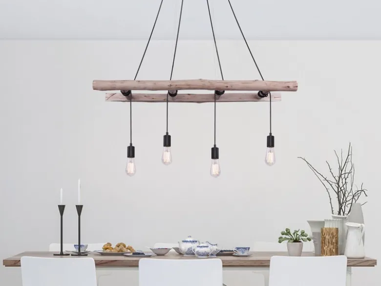 LED Pendelleuchte 4-flammig mit Leiter Holzbalken 192cm lang, Breite 115cm
