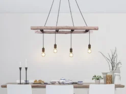LED Pendelleuchte 4-flammig mit Leiter Holzbalken 192cm lang, Breite 115cm