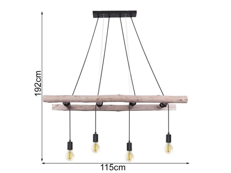LED Pendelleuchte 4-flammig mit Leiter Holzbalken 192cm lang, Breite 115cm