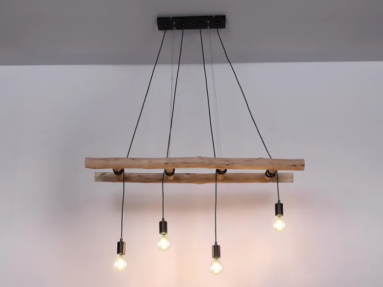 LED Pendelleuchte 4-flammig mit Leiter Holzbalken 192cm lang, Breite 115cm