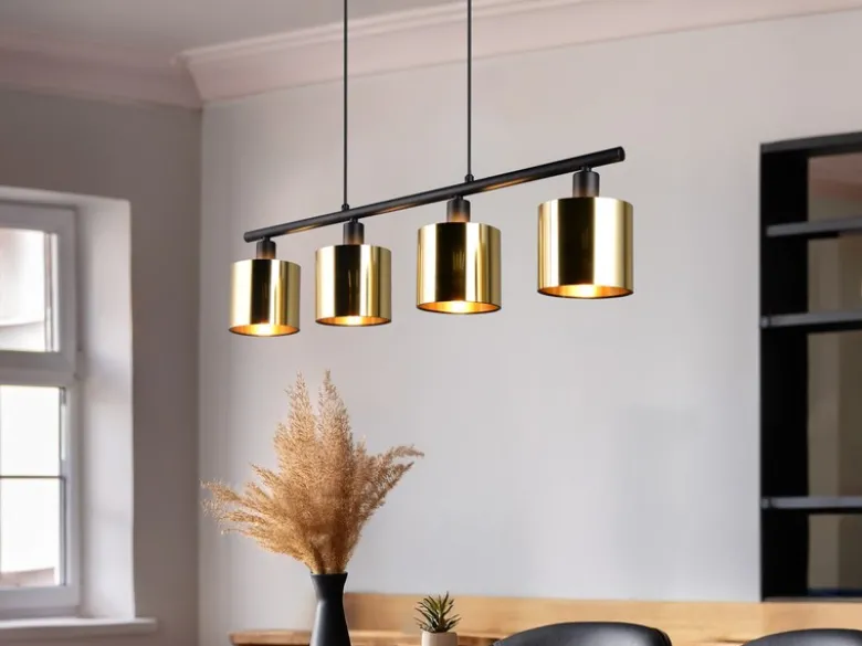 LED Pendelleuchte 4-flammig mit Lampenschirmen Goldfarbig, Breite 75cm