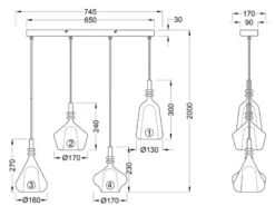 LED Pendelleuchte 4-flammig mit Glas Bernstein & Chrom verspiegelt, B: 74,5cm