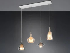 LED Pendelleuchte 4-flammig mit Glas Bernstein & Chrom verspiegelt, B: 74,5cm