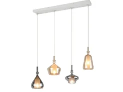 LED Pendelleuchte 4-flammig mit Glas Bernstein & Chrom verspiegelt, B: 74,5cm