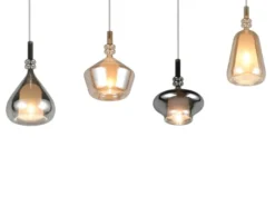 LED Pendelleuchte 4-flammig mit Glas Bernstein & Chrom verspiegelt, B: 74,5cm