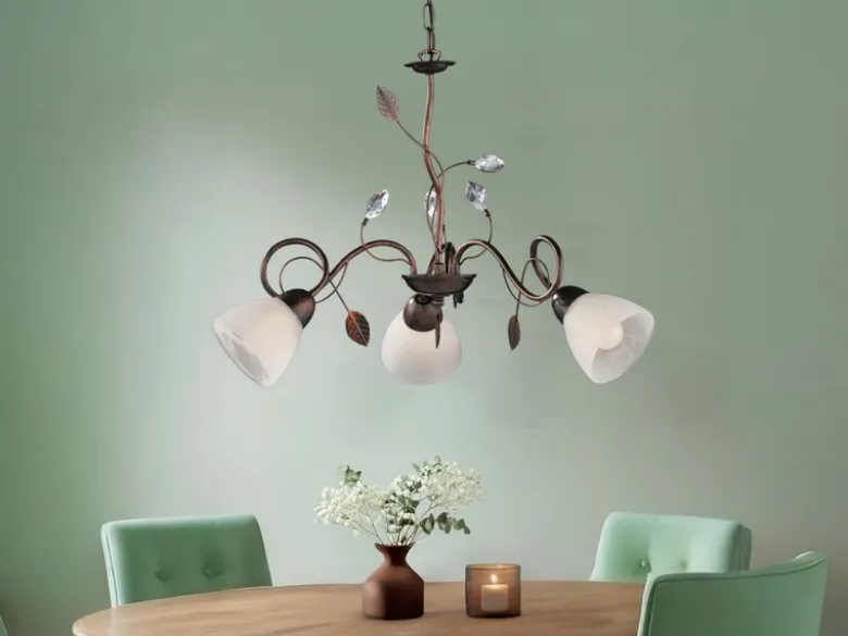 LED Pendelleuchte 3-flammig mit Glasschirmen und Kristalldeko, Ø 70cm