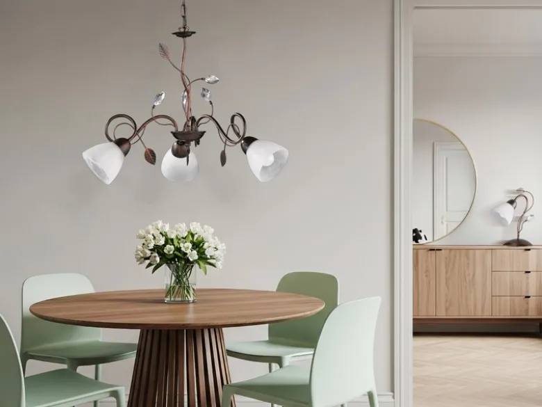 LED Pendelleuchte 3-flammig mit Glasschirmen und Kristalldeko, Ø 70cm