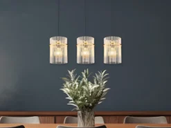 LED Pendelleuchte 3-flammig mit transparenten Echtglas Stäben, Breite 80cm