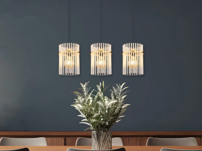 LED Pendelleuchte 3-flammig mit transparenten Echtglas Stäben, Breite 80cm
