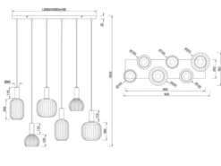 LED Pendelleuchte 6-flammig mit Glasschirmen Chrom bedampft, Breite 92cm