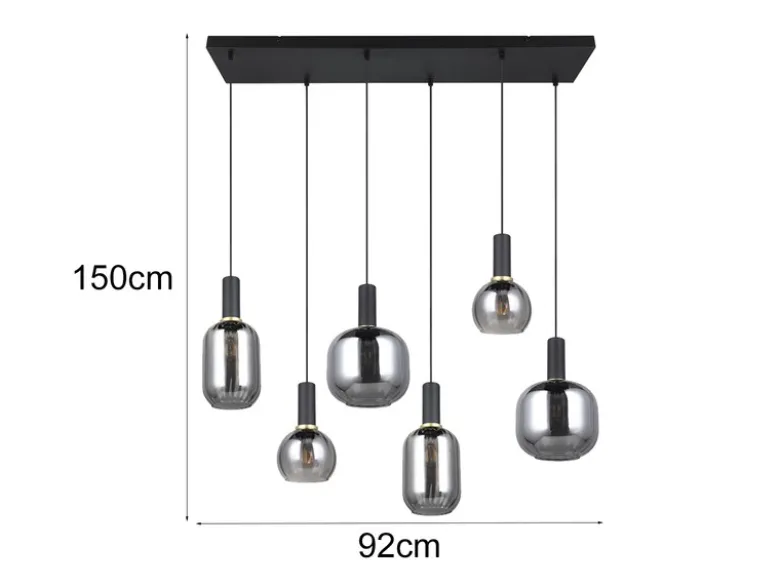 LED Pendelleuchte 6-flammig mit Glasschirmen Chrom bedampft, Breite 92cm