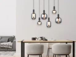 LED Pendelleuchte 6-flammig mit Glasschirmen Chrom bedampft, Breite 92cm