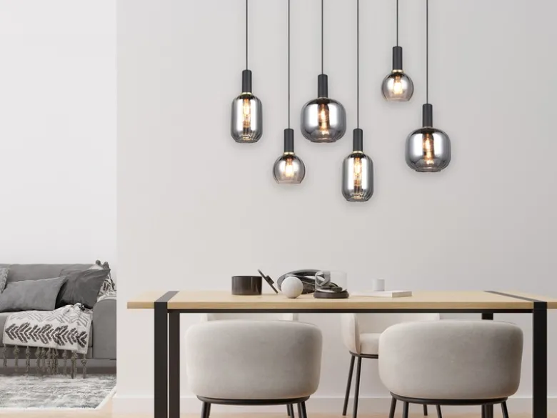 LED Pendelleuchte 6-flammig mit Glasschirmen Chrom bedampft, Breite 92cm