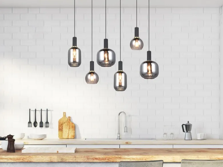 LED Pendelleuchte 6-flammig mit Glasschirmen Chrom bedampft, Breite 92cm
