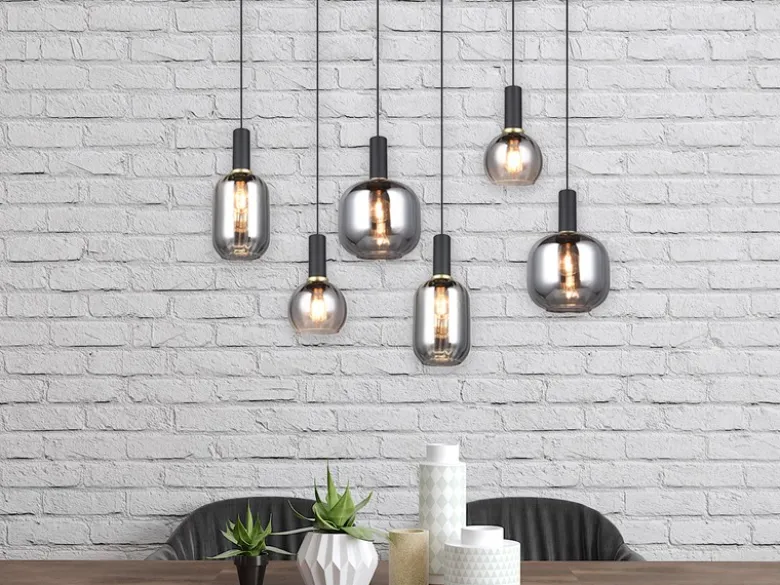 LED Pendelleuchte 6-flammig mit Glasschirmen Chrom bedampft, Breite 92cm