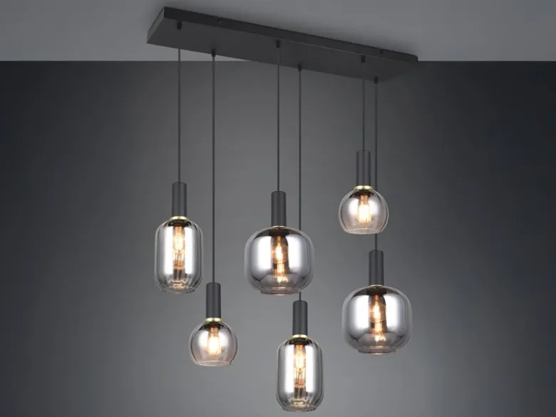 LED Pendelleuchte 6-flammig mit Glasschirmen Chrom bedampft, Breite 92cm